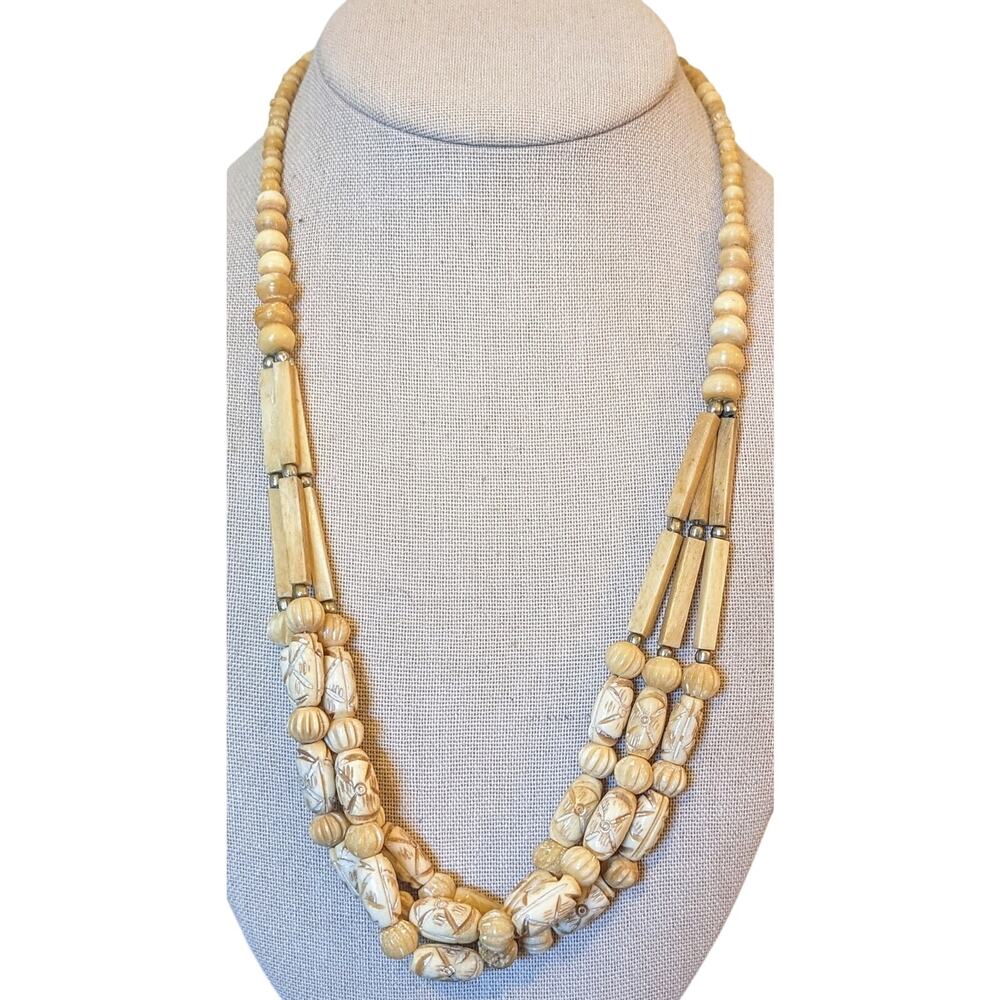 Vintage Tribal Carved Single to Triple Strand Beaded Hook Clasp Necklace